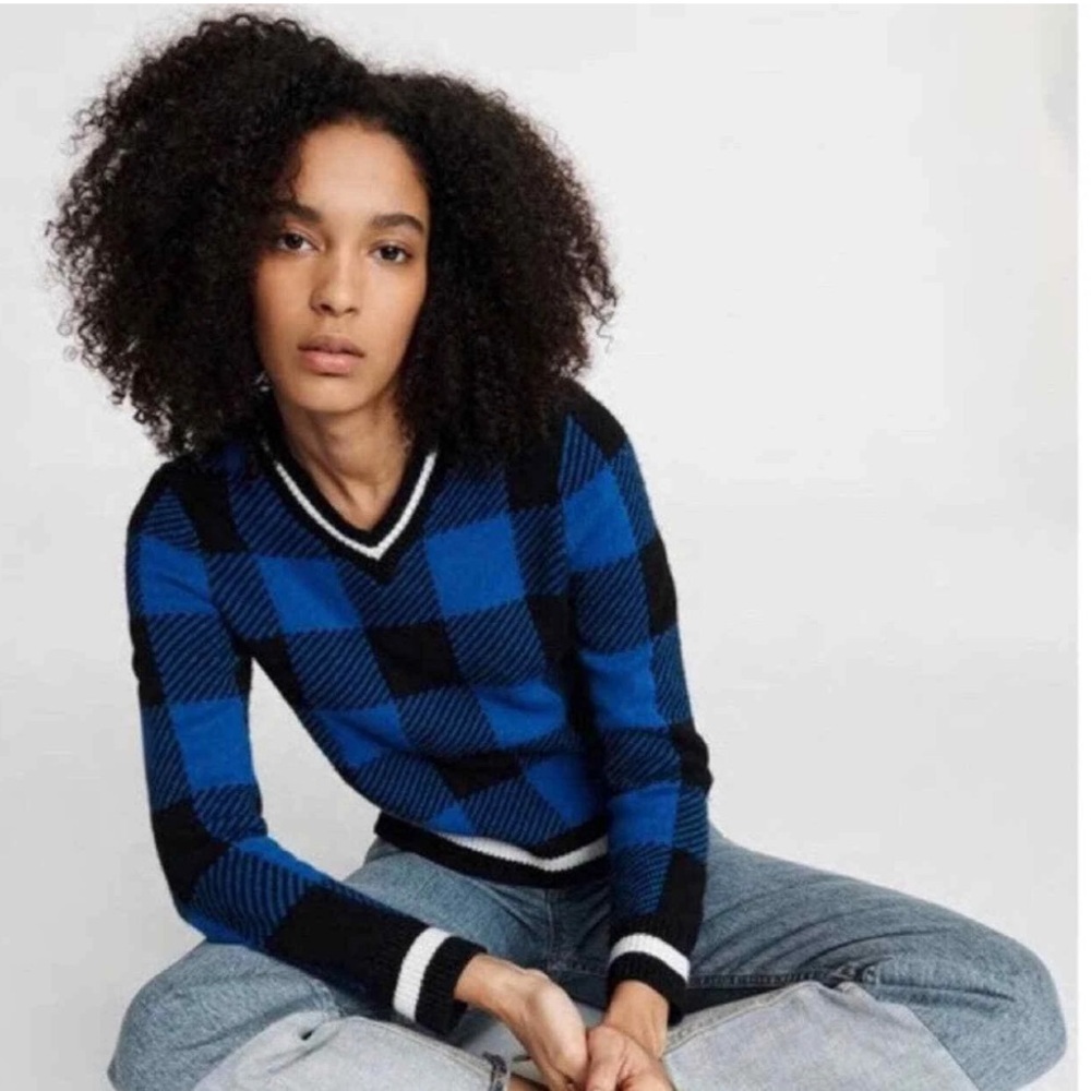 rag & bone Gabby Wool Buffalo Check V-Neck Pullover Sweater Blue/Black Med
